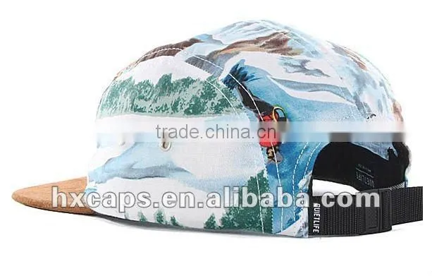 Custom flat suede brim country style printed 5 panel hat
