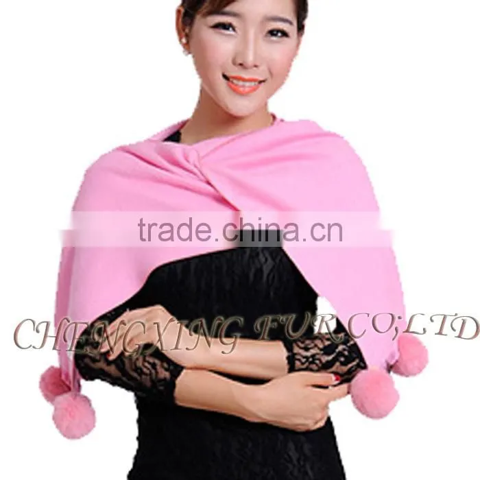 CX-B-P-42D Women Winter Genuine Mongolian Sheep Rabbit Fur Trim Pashmina Shawls With Fur
