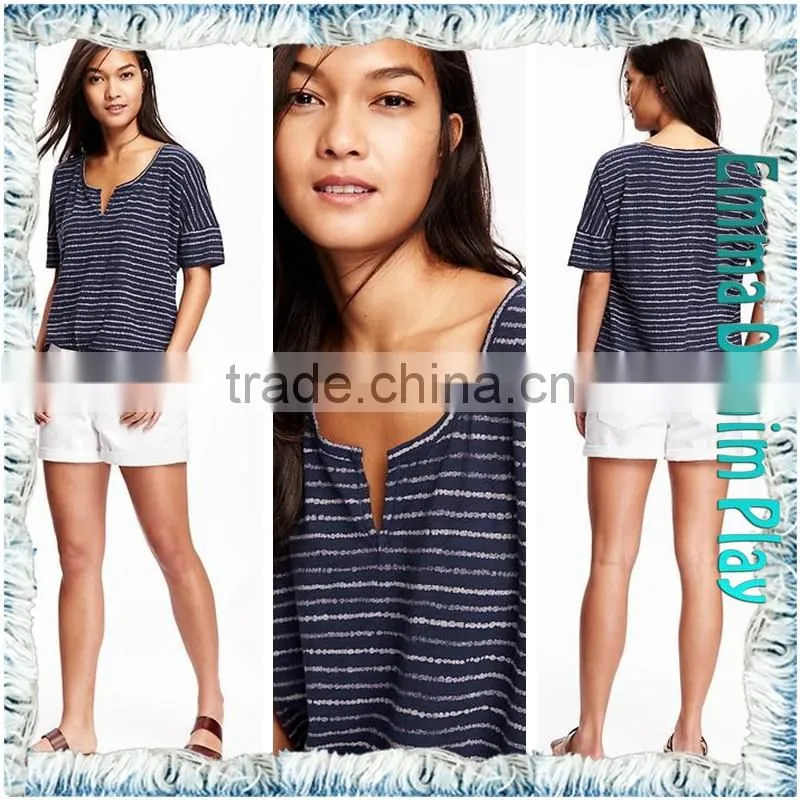 Hot Styles High Quality Ladies Blue White Stripe Knit Open O Neck T-Shirts Adult's Tops