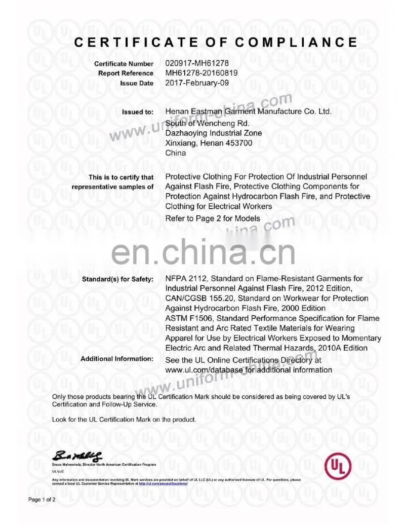 Nfpa2112/Can Cgsb 155.20 Standard Flame Resistant Coverall