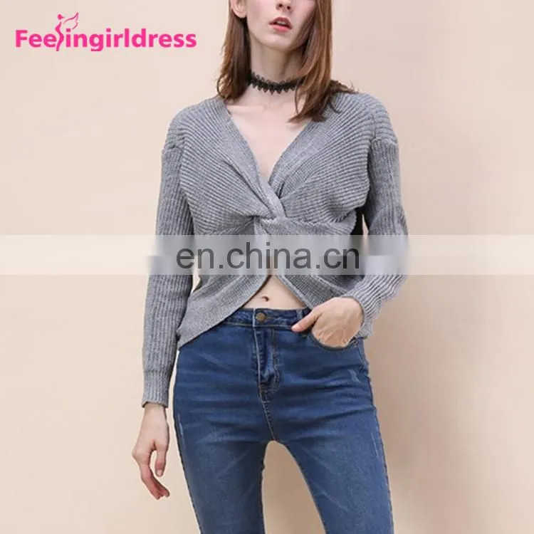 Long Sleeve Blouse Solid Black Backless Knitting Sweaters Knot Design