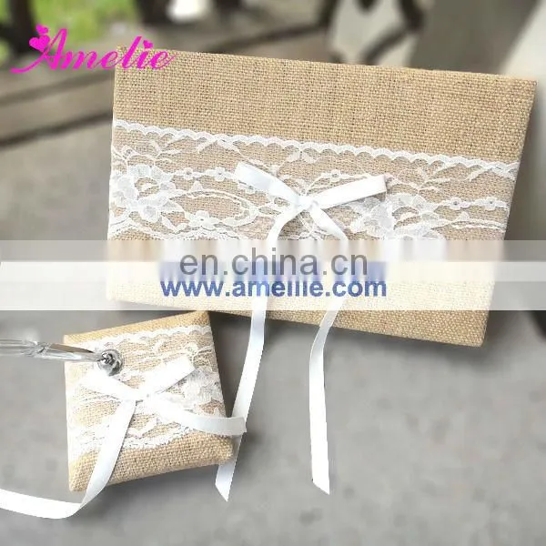 Linen With Lace Decoarted Wedding Ring Holder Pillow Set