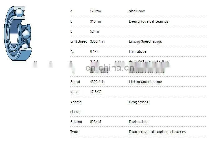 Chinese Motorcycle Deep Groove 6234 ZZ Magnetic Ball Bearing 6234