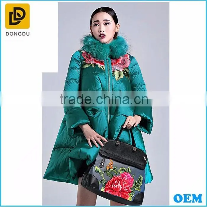 New fashion Green silk stain puffy embroidery women winter coats