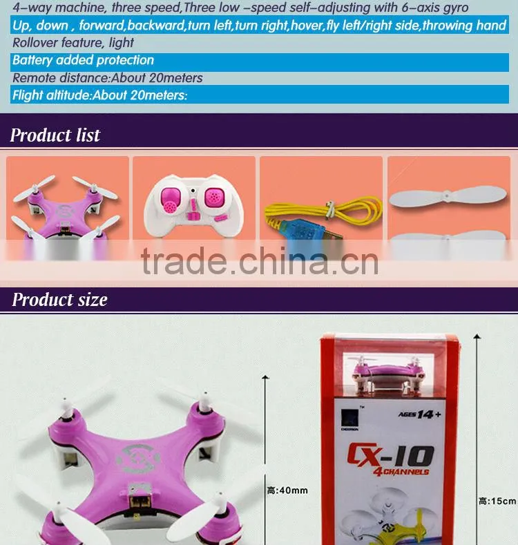 2014 New Quadcopter CX10 Mini RC Quadcopter Remote Control Toys 4 channel with 6 Axis gyro , nano drone with 3D stunt function
