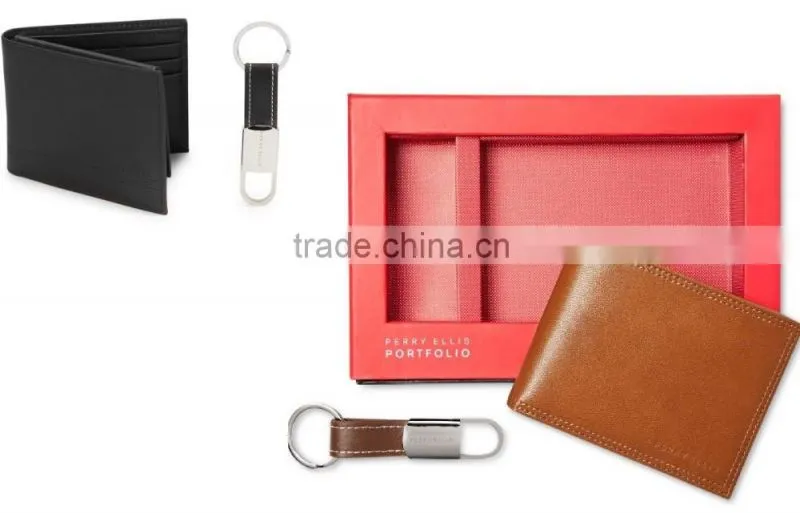 Best promotion gift set high quality leather wallet &keychain for men