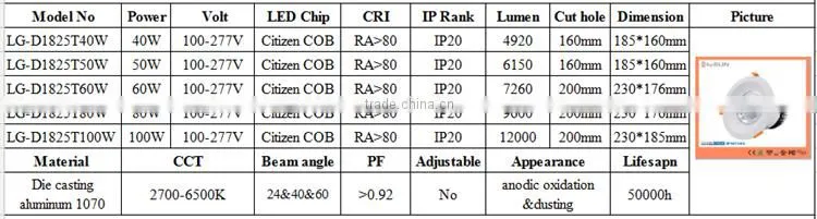 Recessed Spotlight Type High Power 8 inch 100W COB LED Downlight