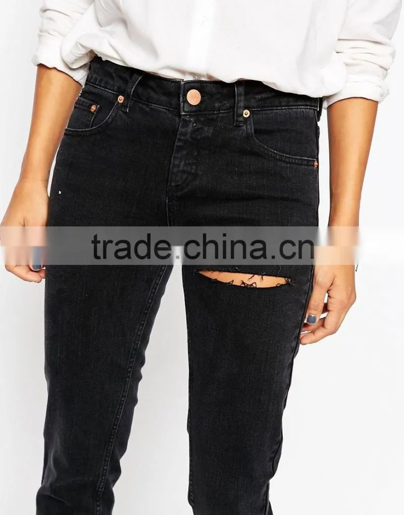 Wholesale Womens Shrunken Boyfriend Jeans in Washed Black with Thigh Rip