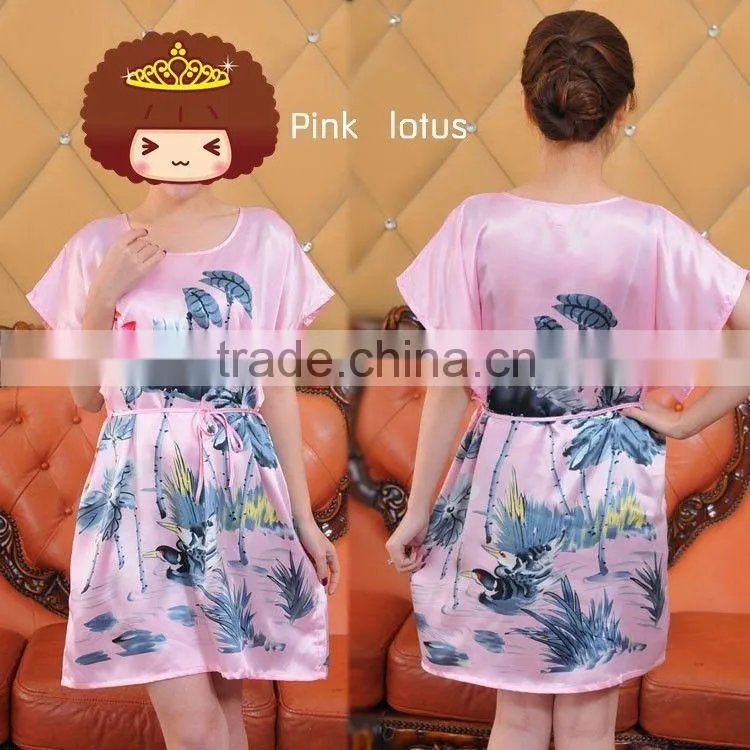 Comfortable And High Quality Satin Sleepwear Nightgown Night dress Robes Chinese painting style
