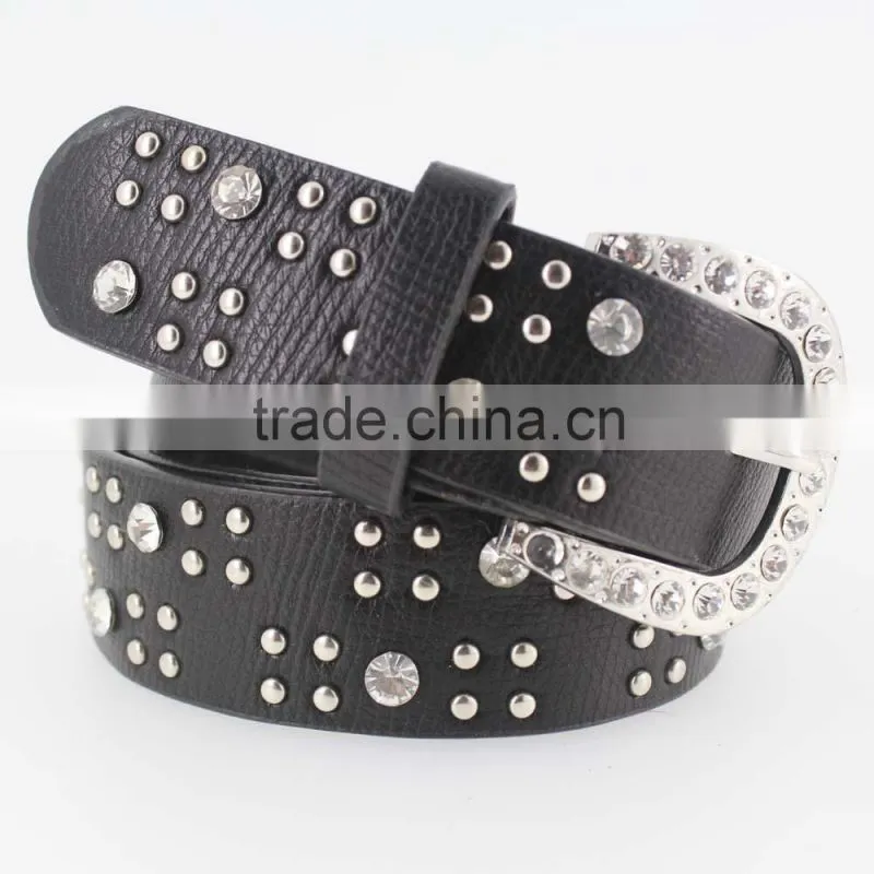 Women's classical metal and rhinestone studded 33Mm belt leather with shiny rhinestone buckle
