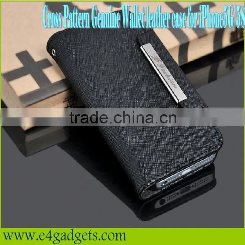High Quality and Fashion design Cross Pattern cowskin folio wallet leather case for iphone5 with card slots