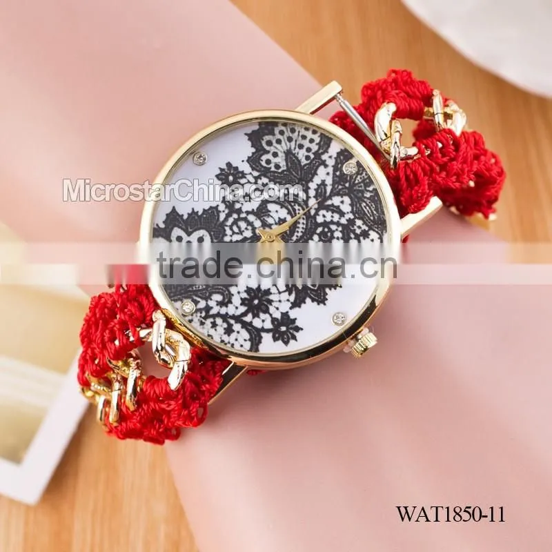 DIY hand made woven chain black flower fashion lady watch