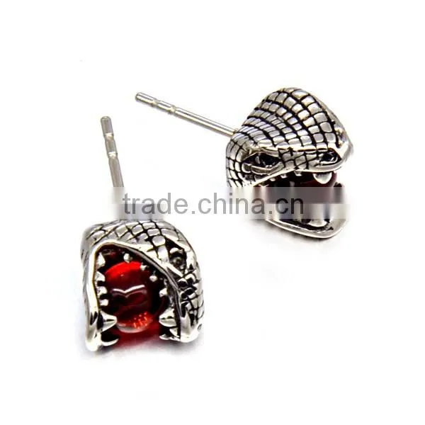 mens punk earrings stainless steel snake head with red stone earrings jewelry