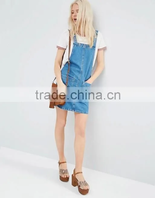 Mini Pinafore Dress Denim Fabric In Mid-Wash Blue