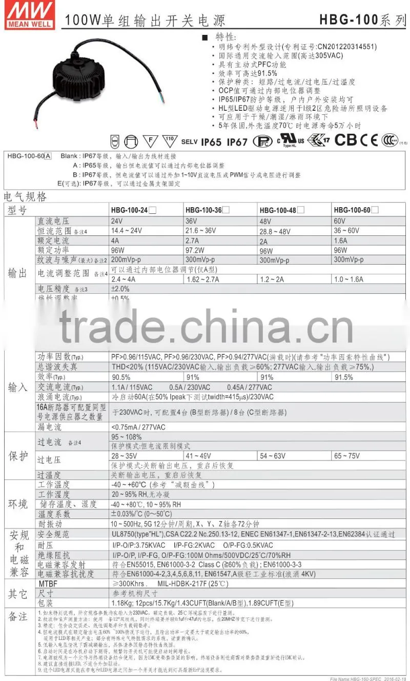 Waterproof IP65 UFO meanwell power supply 100w HBG-100 Series