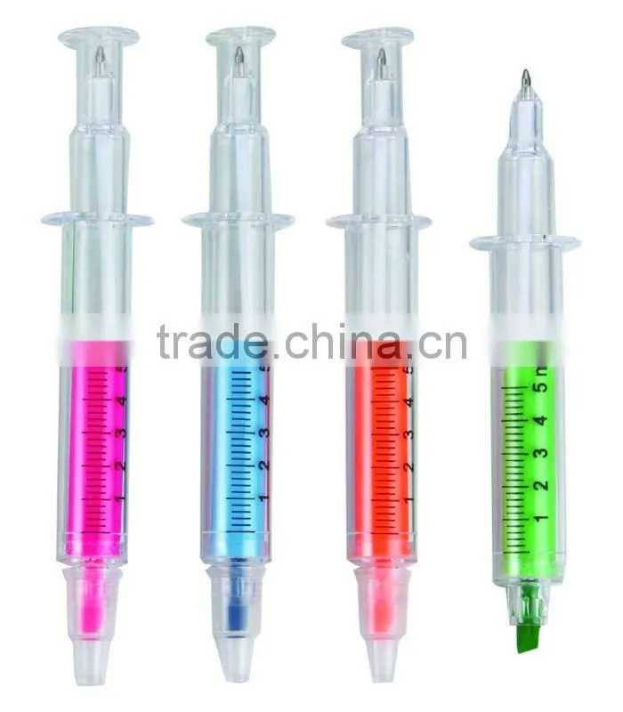 syringe shape highlighter / injection shape/needle tube shape highlighter/highlighter pen with ball penball pen with highlighter