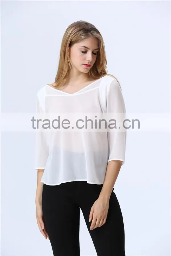See-through White Chiffon Three Quarter Sleeve Casual Loose Blouse/Top for Ladies/Women