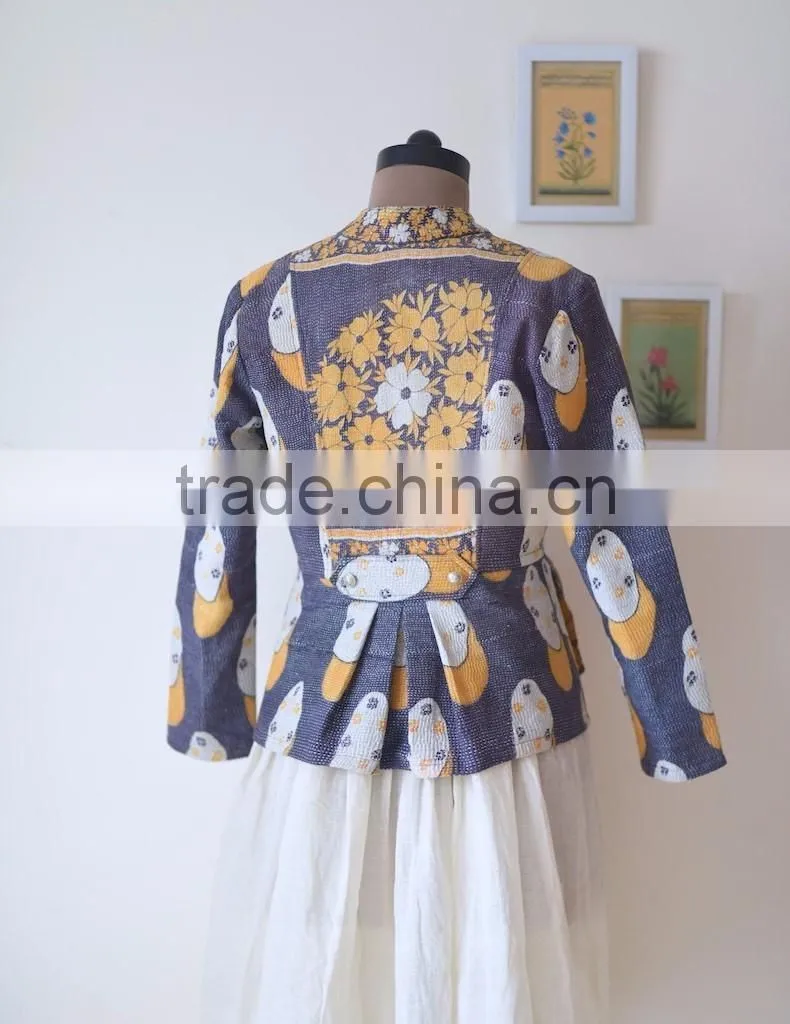 Denim Jacket in Kediyu Style with Vintage Kantha Fabric ~ Medium