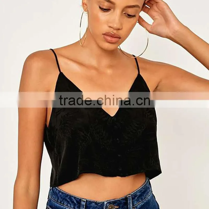 Jacquard low cut spaghetti straps cropped cami womens tank top with buttons