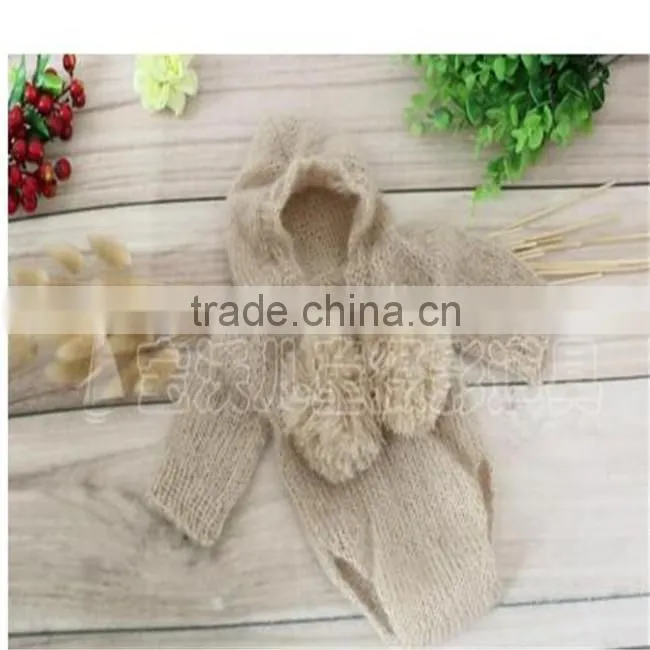 Newborn knit romper and bonnet sets crochet mohair long sleeve hooded romper baby girl overall newborn onesie photography props