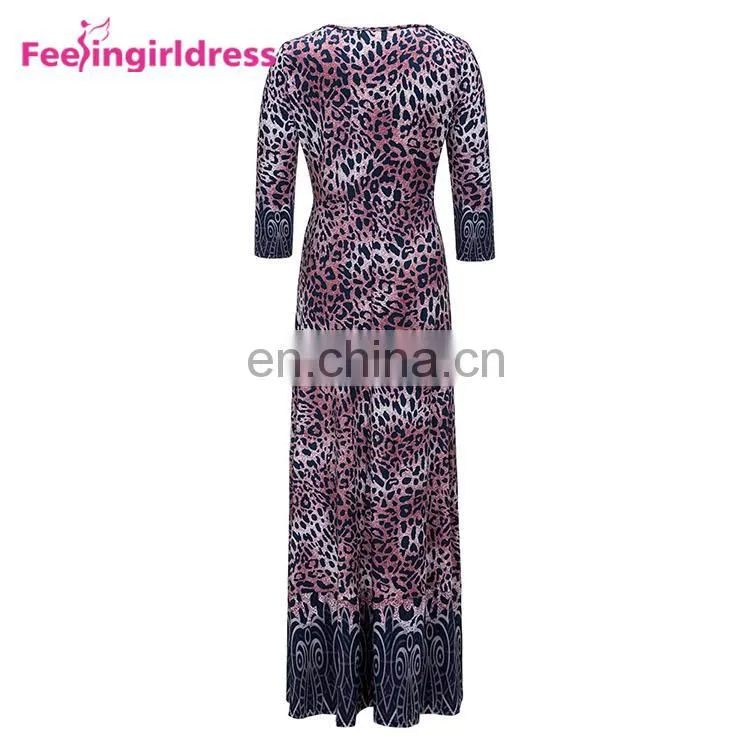 Wholesale India Fashion Printing Floral Leopard Casual Maxi Dress Long Sleeve