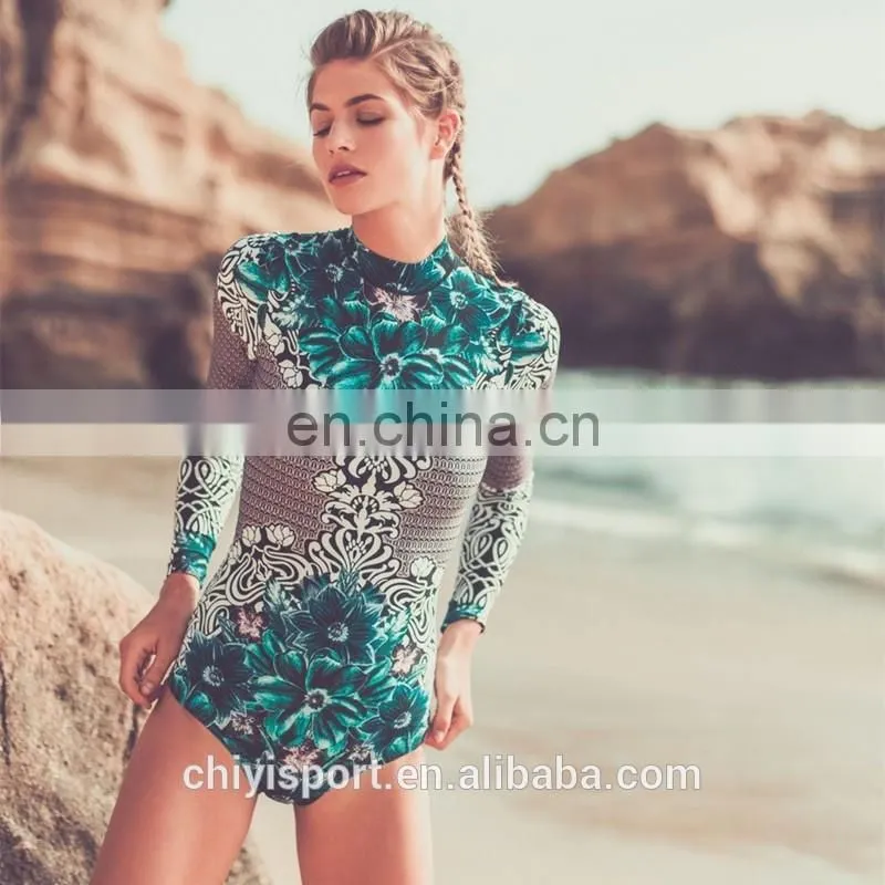 sun-protective back zipper high-neck one-piece long sleeves rashguard