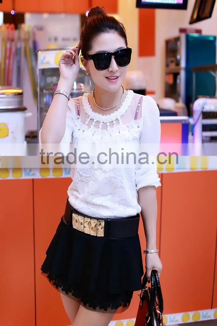 2015 women's T-shirt with long sleeves gauze splicing thin render unlined upper garment to bigger sizes Lace hollow out