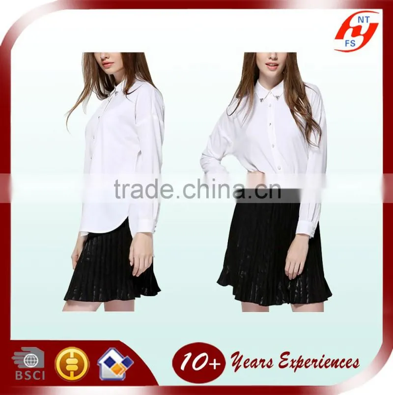 New fashion 2016 elegant ladies plain long sleeve white chiffon blouse for women