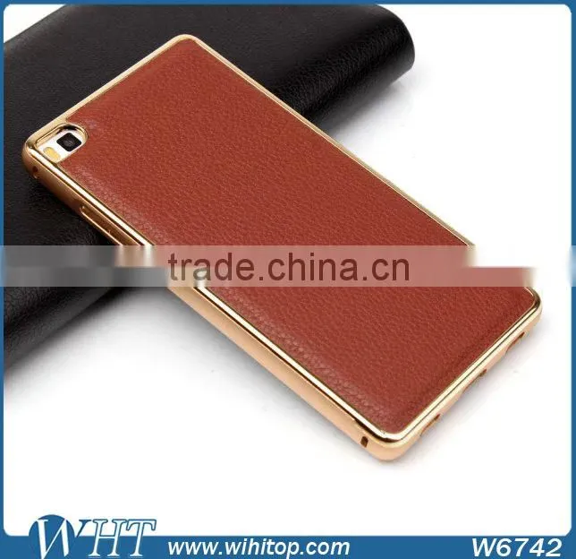 For Huawei P8 Luxury Aluminum Bumper Leather Back Cover Mobile Phone Case
