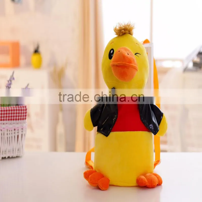 30cm lovely customized yellow stuffed plush strawberry duck doll animal backpack with strawberry-printed T-shirt