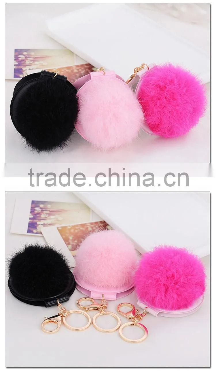 Promotional Gift 8cm Real Rabbit Fur Pocket Makeup Mirror Keychain