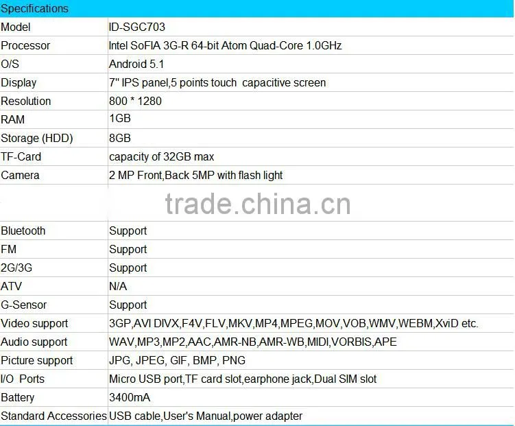 7 inch Intel SoFIA 3G-R Quad-Core 800*1280 IPS screen 3400mah tablet pc