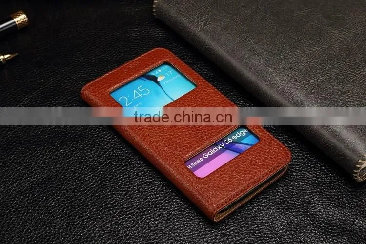 Genuine Leather Cover Window Display Stand Phone Flip Case For Samsung Galaxy S6 Edge