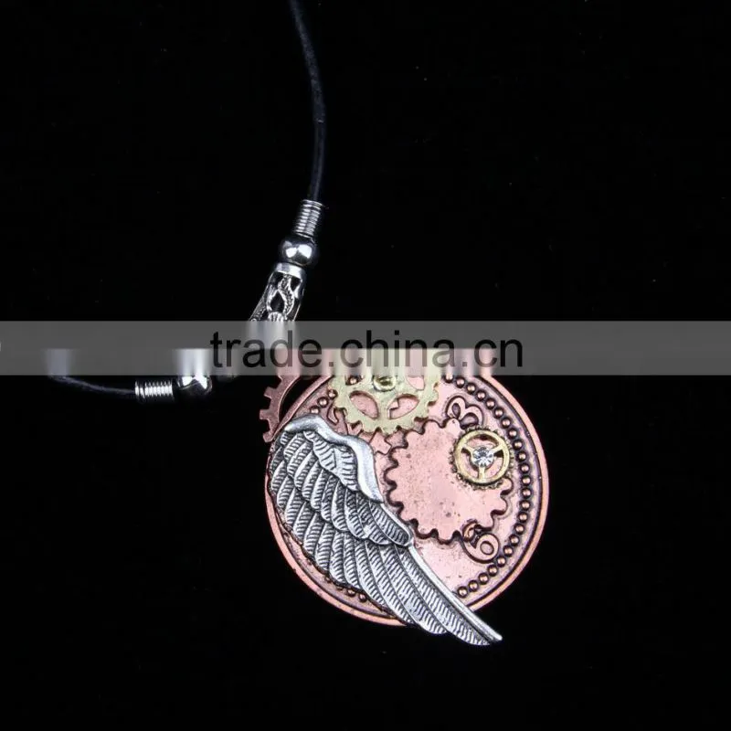 2015 yiwu fashion imitation jewelry hot sale steampunk gear wings pendant with imitation crystal cameobig statement necklace