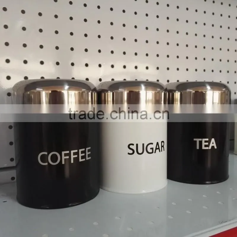 3PC Canister Set Stainless Steel Coffee Tea Sugar Jar Lid Kitchen Storage Black Can
