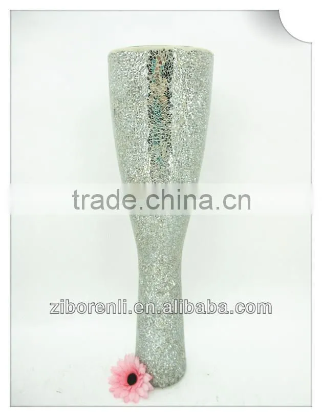 Table Decoration Chinese Slender Modern Mosaic Crackle Glass Tall Silver Vase