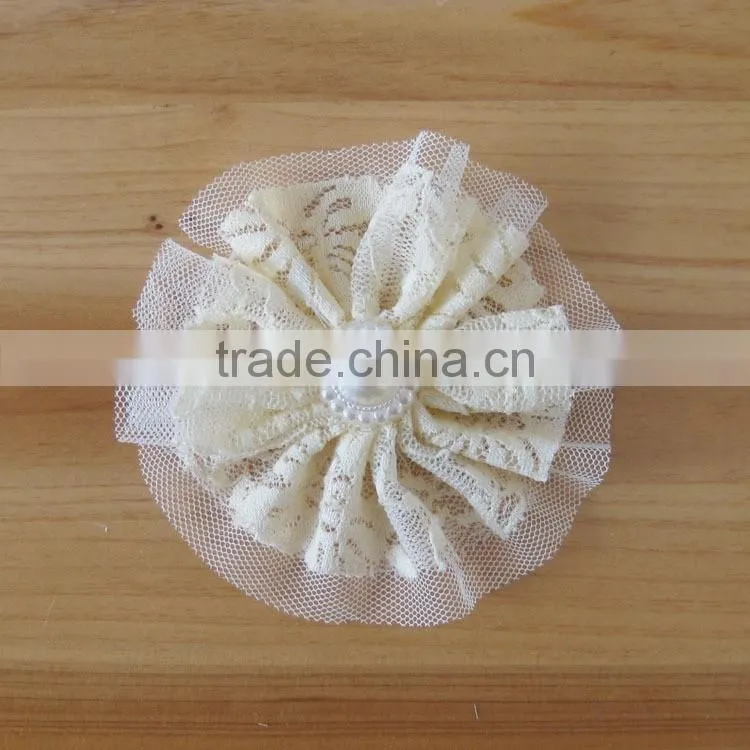 lace flower with pearl bead in center for kids hair accessories