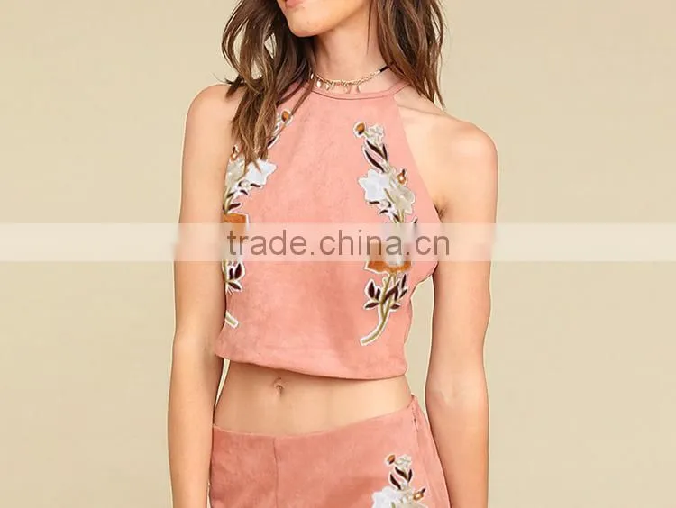Two piece set women outfits 2017 with embroidered tank top and short