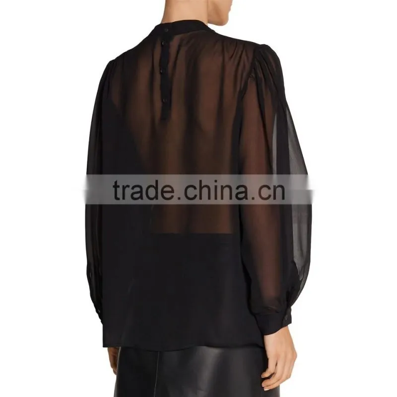 new model embroidery patch back neck elegant design long sleeve new women blouses design chiffon blouse