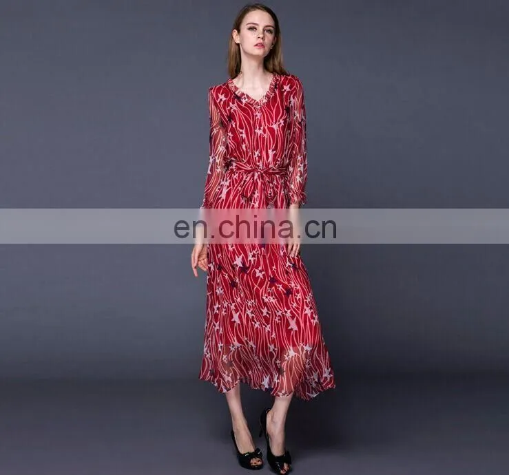 star patterned fashionable long sleeve red chiffon long dress with waistband