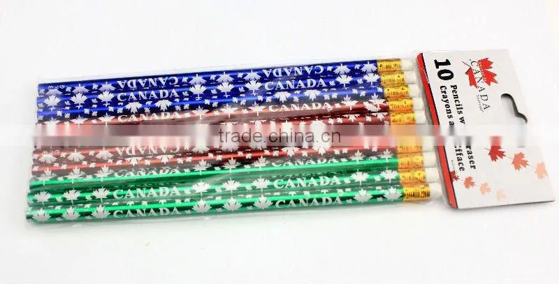 7" HB 10 pcs round shape color heat transfer painting wooden pencil set with rubber
