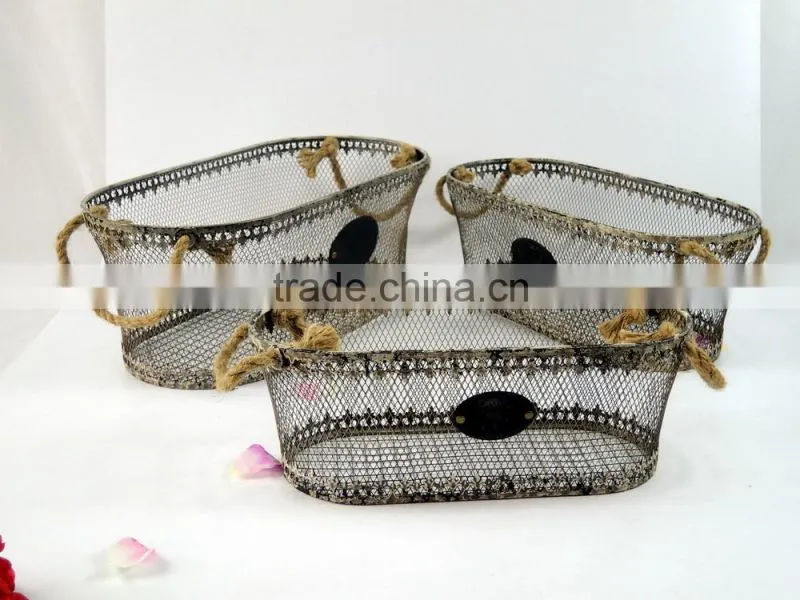 Shabby and chic decorative metal basket with wicker hanging