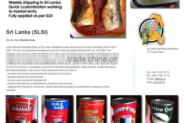 CANNED MACKEREL SRI LANKA SLSI ISO member high quality premium 425g/210g/155g Sardine Tuna in tomato sauce in oil in brine