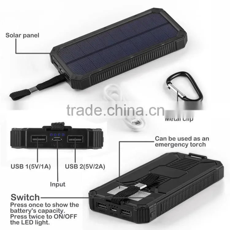 2016 trending products 12000mah solar power bank charger with led light