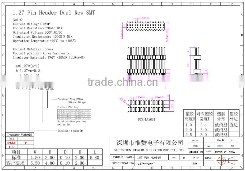 1.27mm Pitch Double Row SMT Pin Header