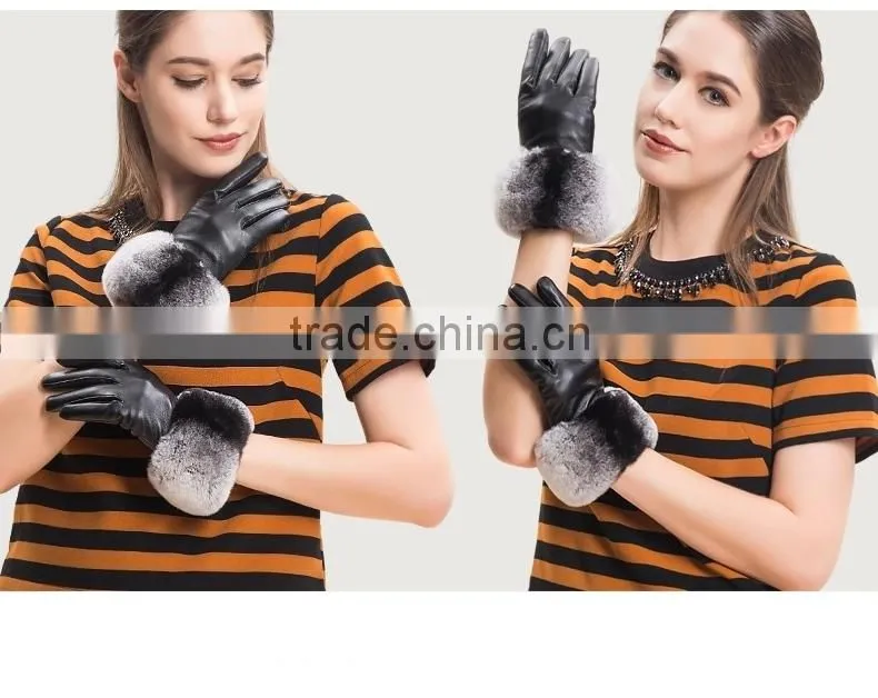 Ladies Wearing Leather Gloves With Gradient Rex Rabbit Fur Trim Genuine Sheep Skin