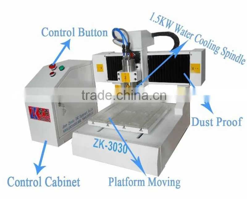 China 1.5KW Spindle Small PCB CNC Router Milling And Driling Machine With Linear Square Guide Rail ZK-3030 300*300mm