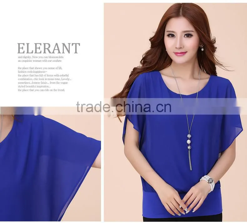 Hot Fashion Blusa Feminina 2015 Summer Casual Plus Size Slim Bat sleeve Chiffon Shirt Women Blouse Blusas Women Tops Clothing