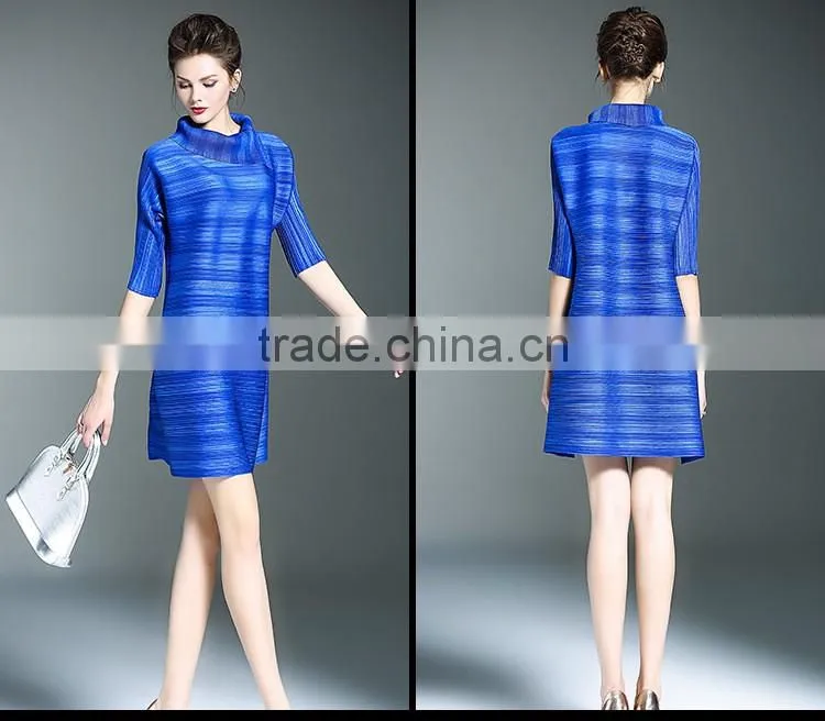 Women striated Polo neck casual pleated dresses