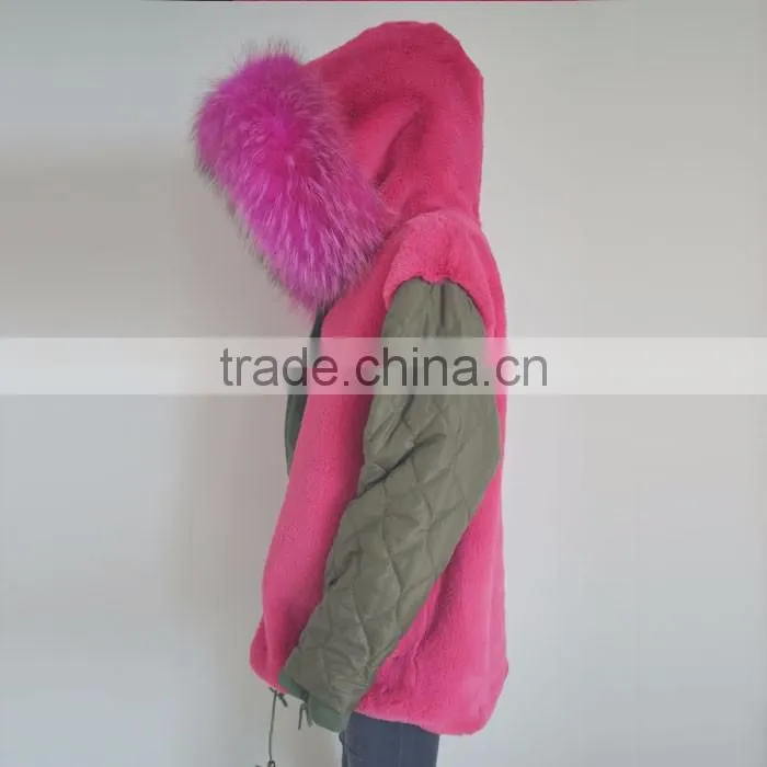 Myfur Long Parka with Rose Hot Pink Raccoon Fur Hood For Ladies